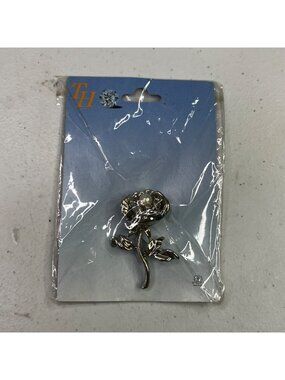 Silver Tone Faux Pearl Rose Brooch Pin 1 1/2" Floral Jewelry Gift Accessory